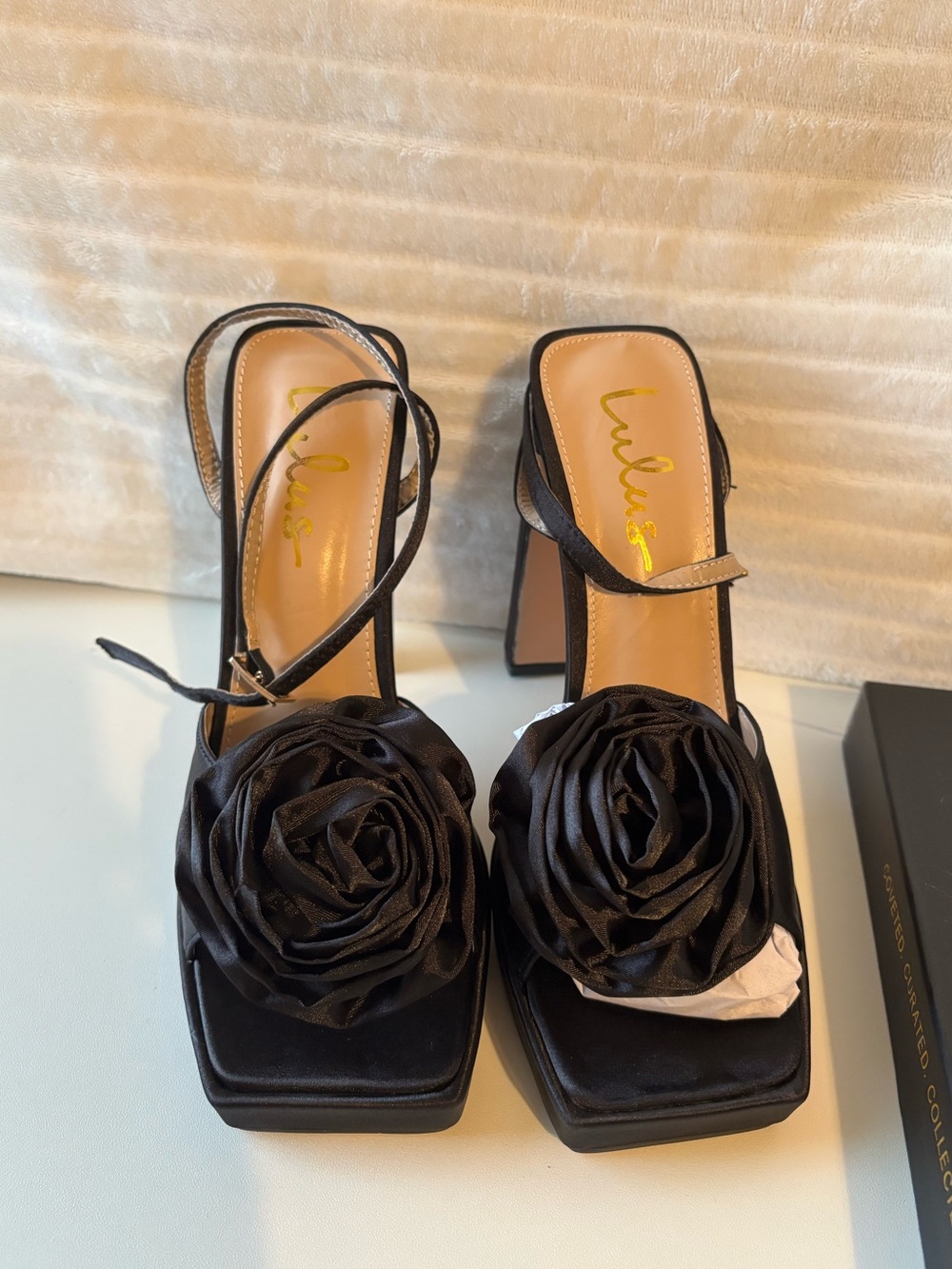 Lulu's Black Satin Aubriana Heels with Rose